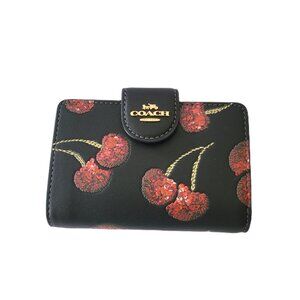 Coach CDF10 Medium Corner Zip Cherry Bifold Wallet Smooth Leather Black Multi